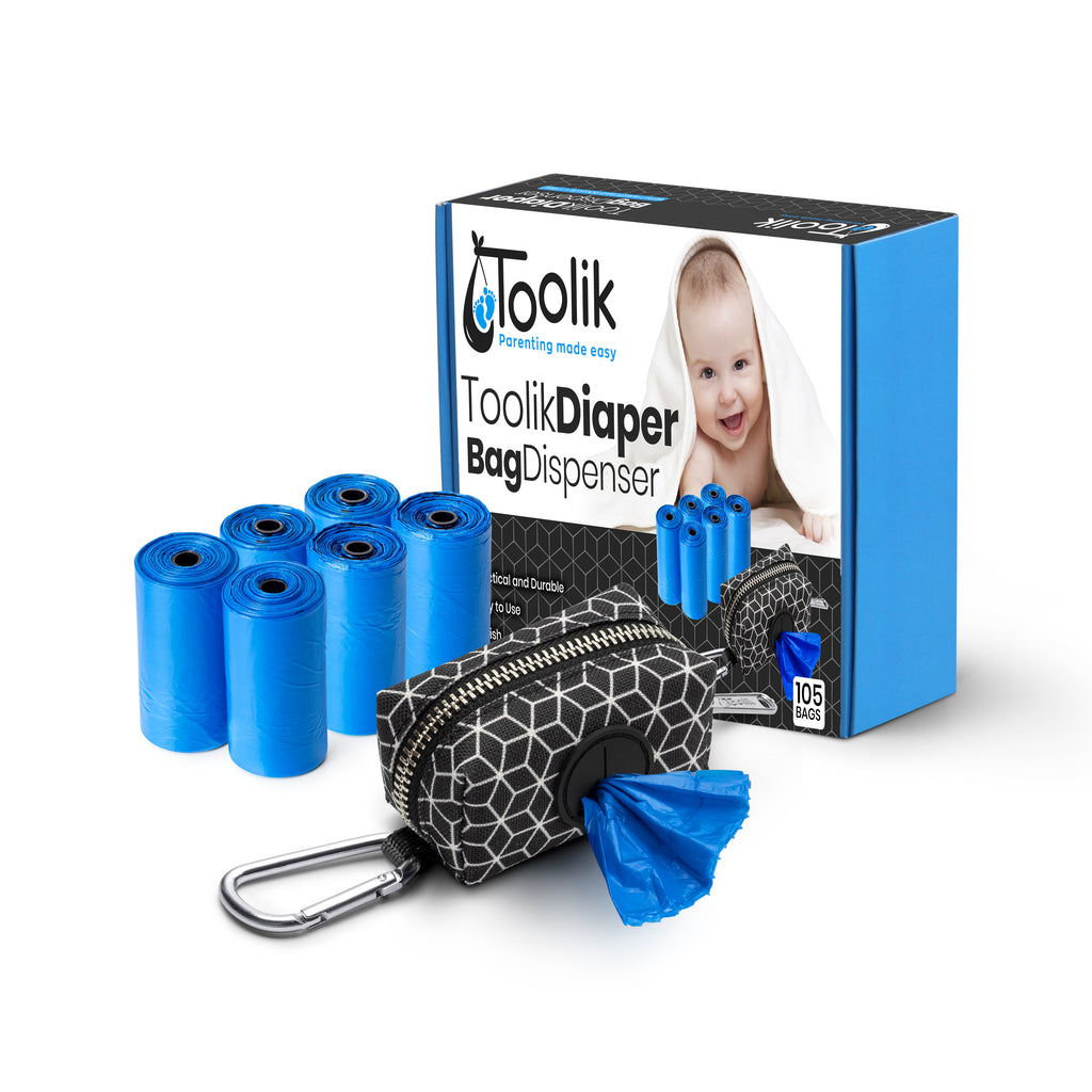 Toolik Diaper Bag Dispenser with 105 Disposable Unscented Waste Bags (7 Refill Rolls)